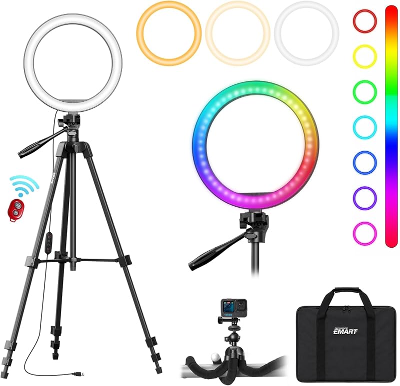 10'' Ring Light with 55'' Extendable Tripod Stand & Phone Holder | 16 RGB Colors Modes, 10 Dimmable Levels LED Circle Selfie Lights with Wireless Remote for Makeup, Streaming, YouTube, TikTok