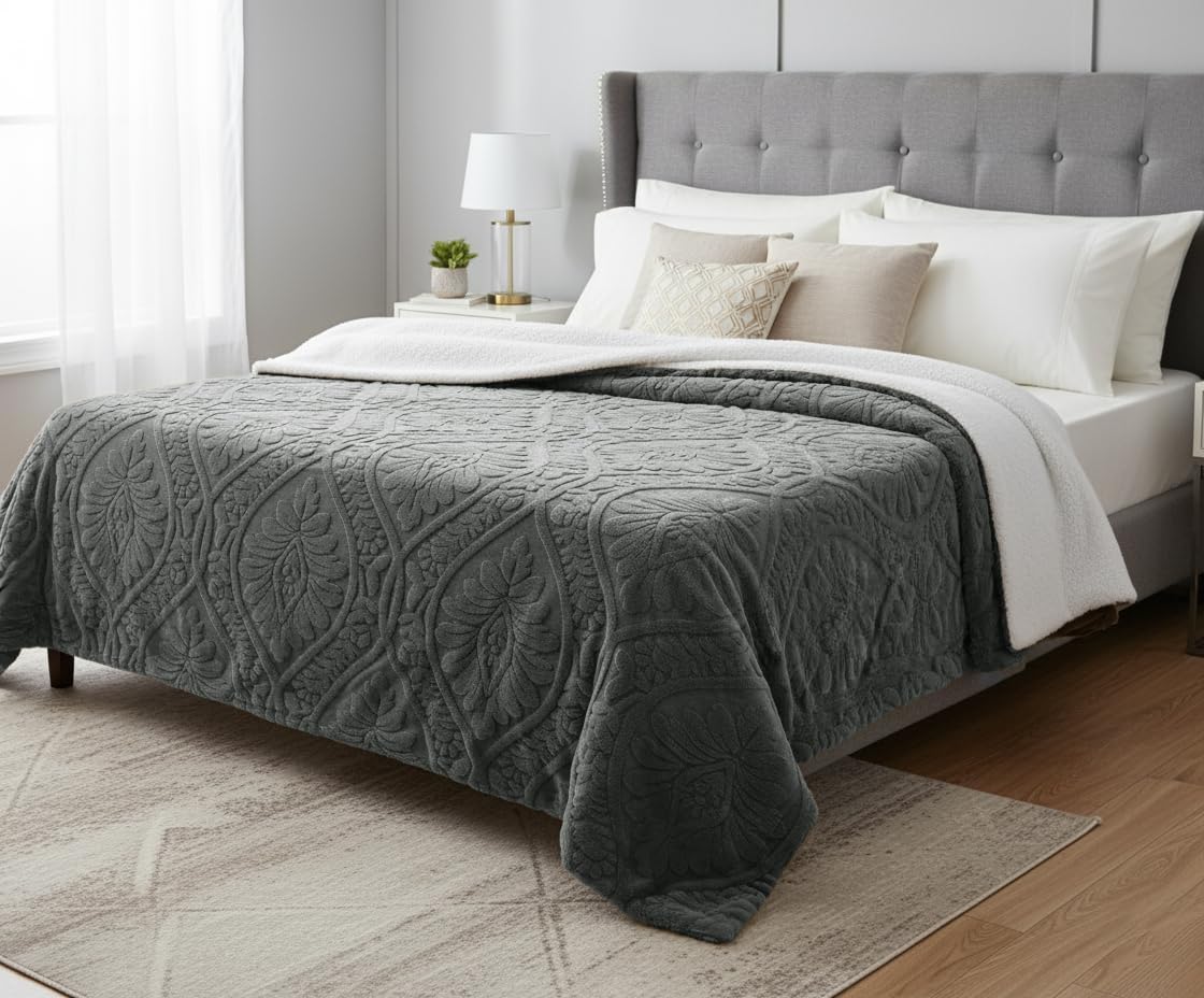Amazon Brand - Umi Fleece Printed Sherpa Blanket for Winter King Size 600GSM, Ultra Super Soft Fleece for Heavy Winter, Mid Winter & AC Room (88X90 Inches, Dark Grey)-image-21