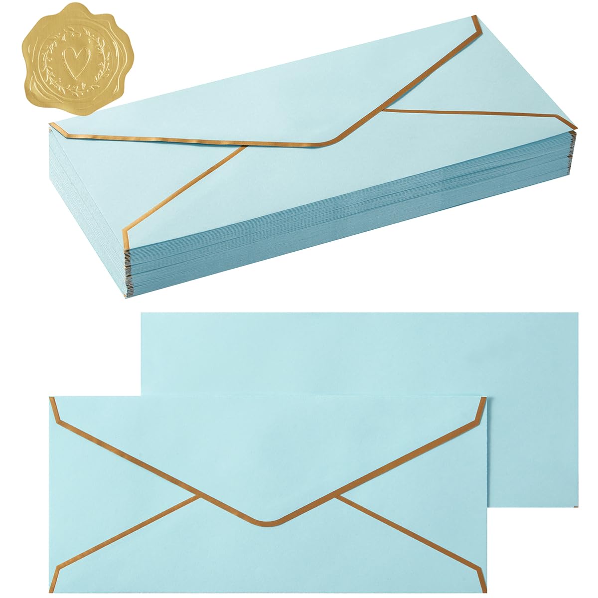 50 Pack #10 Business Envelopes with Gold Border, Self Seal Standard Envelopes with Gold Stickers for Office, Checks, Letter Mailing, Invoices, 4 1/8 x 9 1/2 Inches (Light Blue)