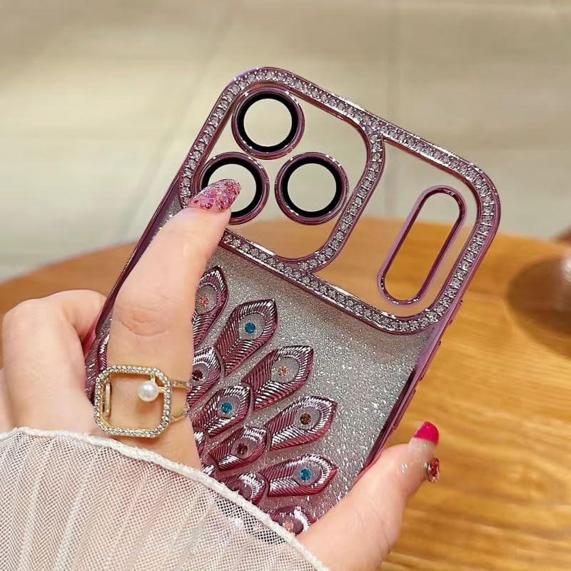 Image of mobistyle Designed for iPhone 17 Pro Max,3D Diamond Luxury Electroplate Glitter Peacock Tail Bling Design Camera Protection Shockproof Phone Case for (Pink, iPhone 17 Pro Max)