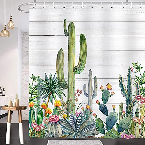 Cactus Shower Curtain, Tropical Desert Green Succulent Plant Cactus Flowers Rustic Gray Wooden Barn Door Decor Bathroom Waterproof, Modern Farmhouse Fabric Shower Curtain And Hooks Set, 69X70 #TOP2