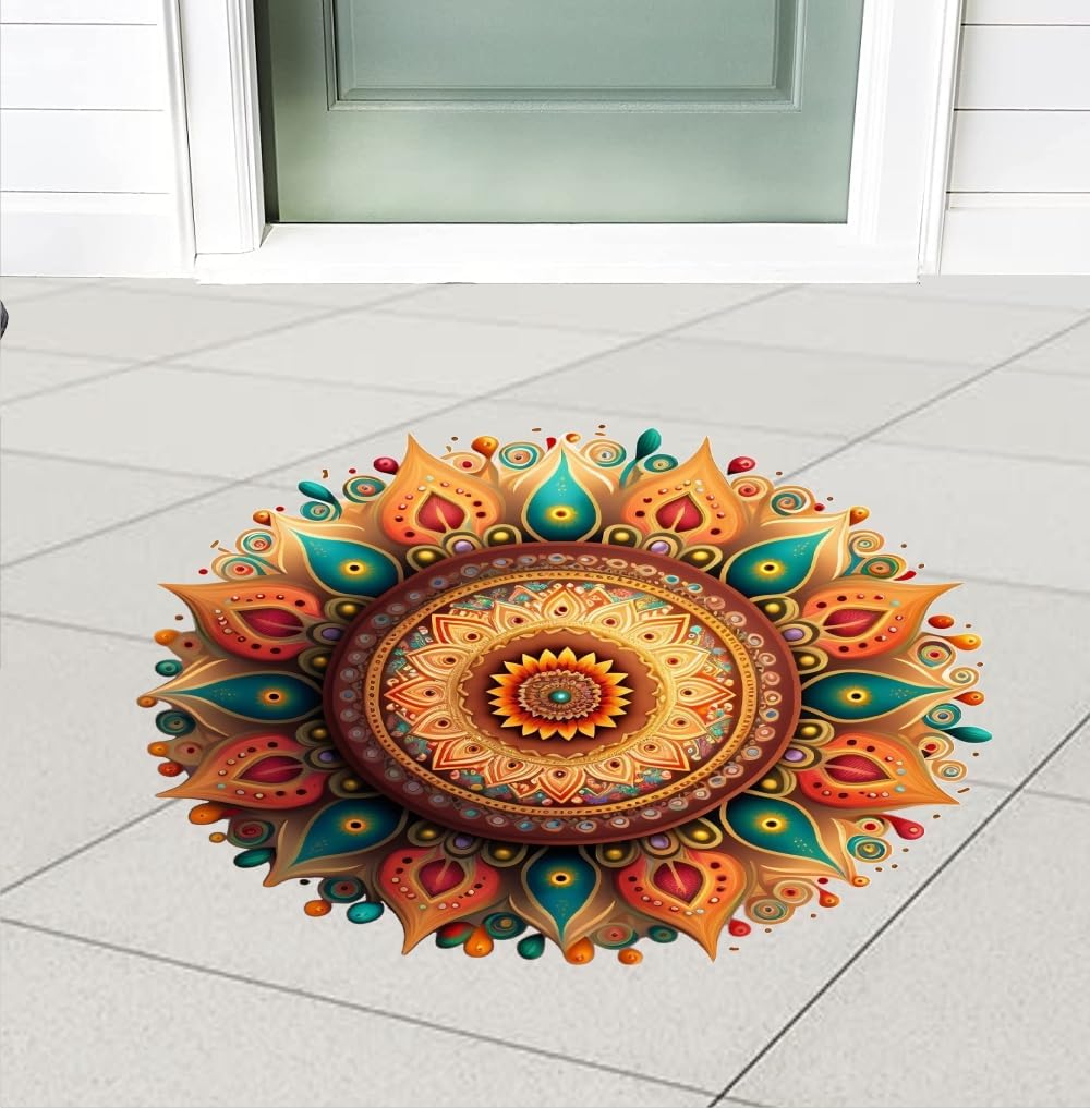 Diwali Self Adhesive Vinyl Floor 3D Rangoli Stickers - Mandala for Festival (Multicolour, 18 x 18 Cm)