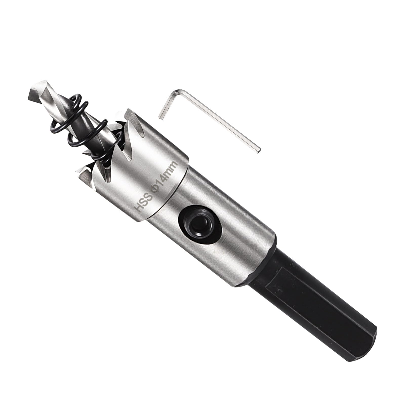 METALLIXITY Hole Saw 14mm (9/16"), 4341 High Speed Steel Hole Cutter with Center Drill Bit, Hex Key and Spring - for Thin Metal, Wood, Plastic, PVC Boards. Silver