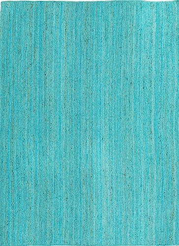 Image of Unique Loom Braided Jute Collection Area Rug - Dhaka (7' 1 inch x 10' Rectangle, Turquoise)