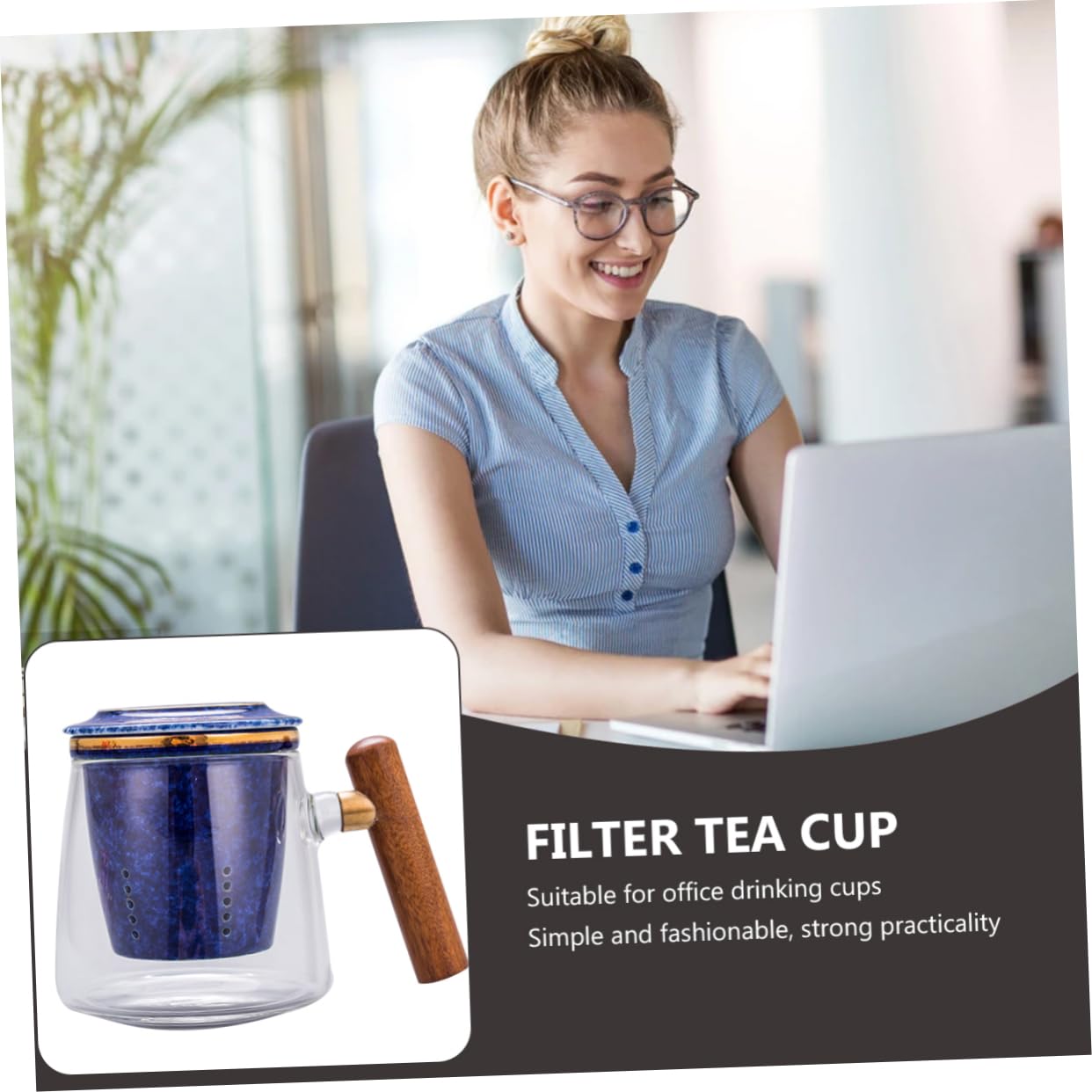 Retro Teetasse aus Glas und Keramik, 400ml, Blau, mit Deckel