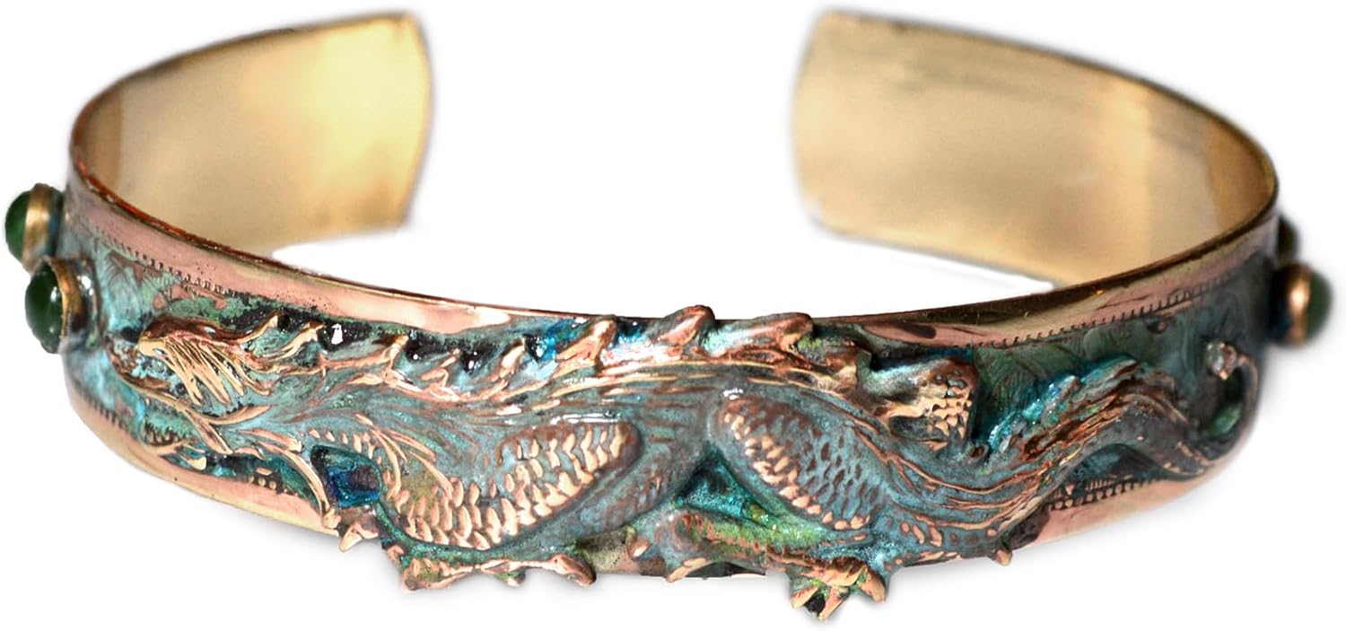 Elaine Coyne Collectible Artwear Verdigris Patina Brass Dragon Narrow Cuff Bracelet - Nephrite Jade