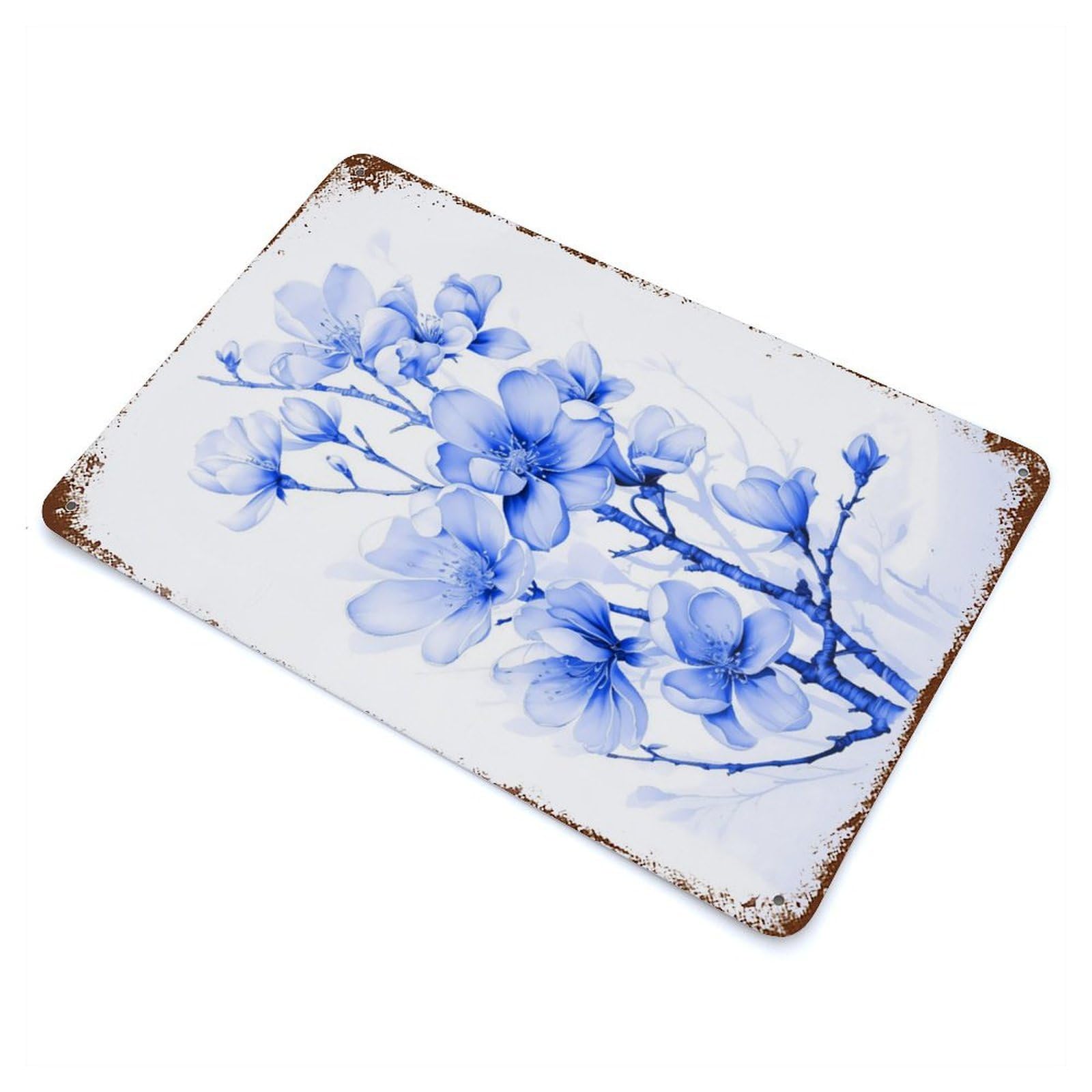 Blue Flower Cherry Blossom Rusty Metal Tin Sign 11.8"x7.9", for Living Room, Hallway And Home Decor, Old School Wall Decor