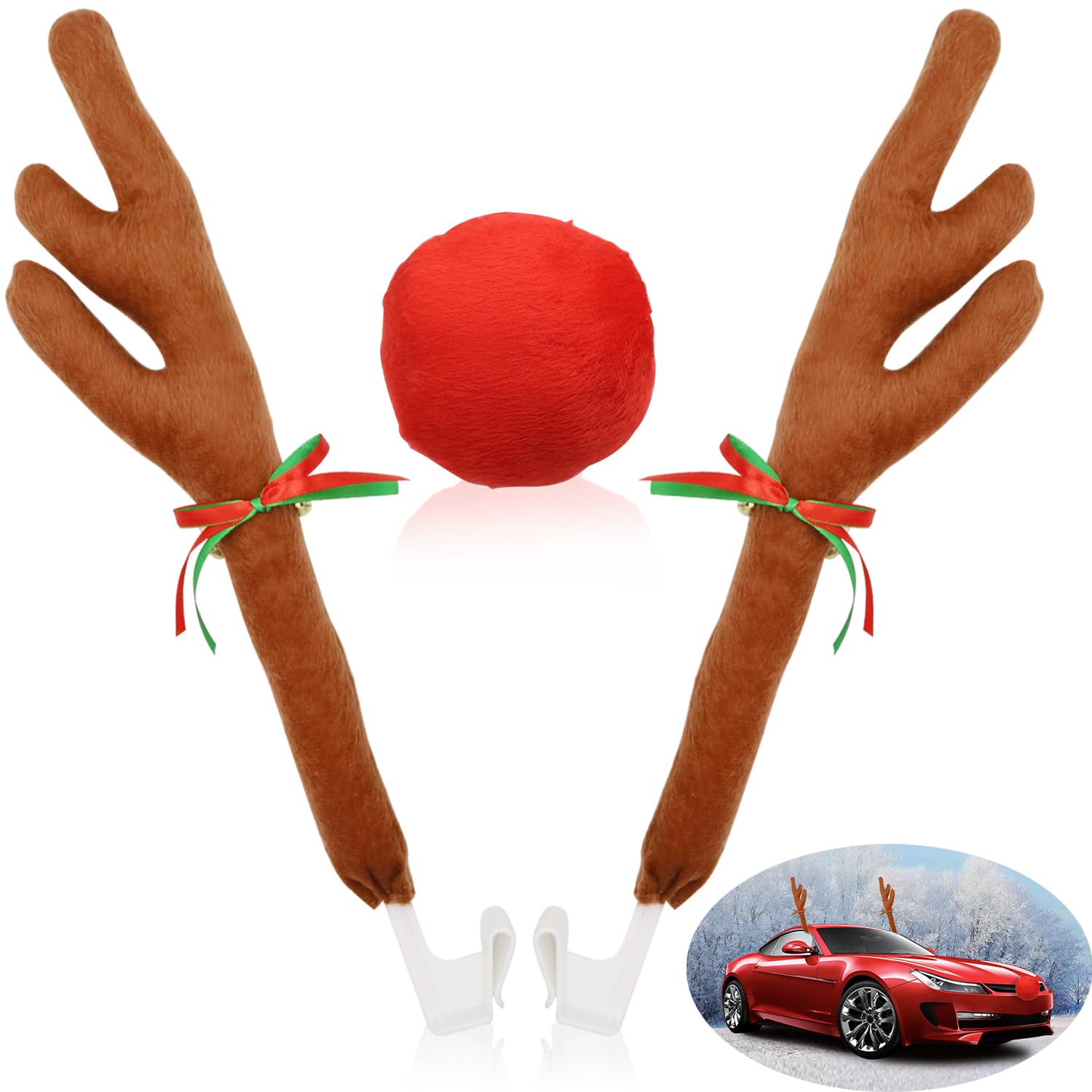 SEILETOO Reindeer Antlers and Nose Kit, Christmas Car Decorations, Rudolph With Bells and Red Nose for SUV Vans Trucks Multiple Models