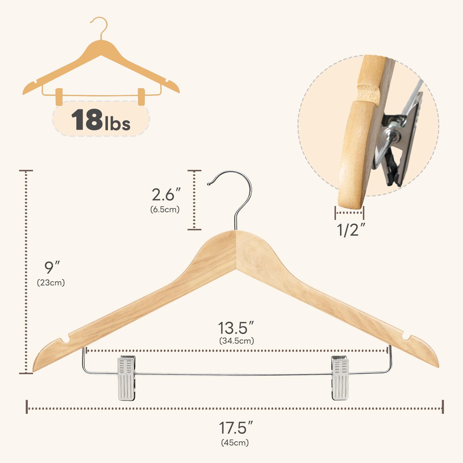 HOUSE DAY Grucce in legno con clip, confezione da 24, grucce in legno massello per pantaloni, finitura liscia naturale, con clip in metallo resistente, per camicetta, vestiti, cappotti, giacche