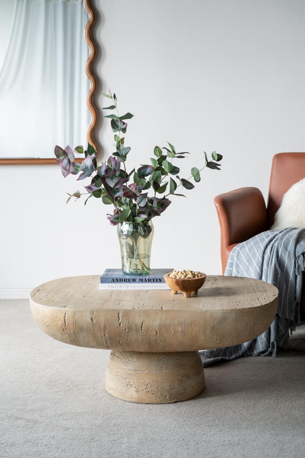 WILLIAMSPACE 36 Oval Coffee Table Modern Faux Stone Circle Center Table Accent Travertine Tea Table for Living Room