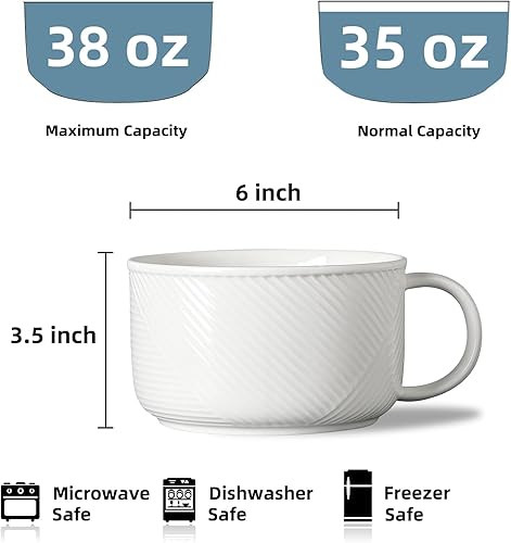 Miniatura 2 de Tazón de sopa con asa taza de sopa de gran tamaño de 38 onzas con asa, cuenco de cerámica apto para microondas para cocina, taza de sopa