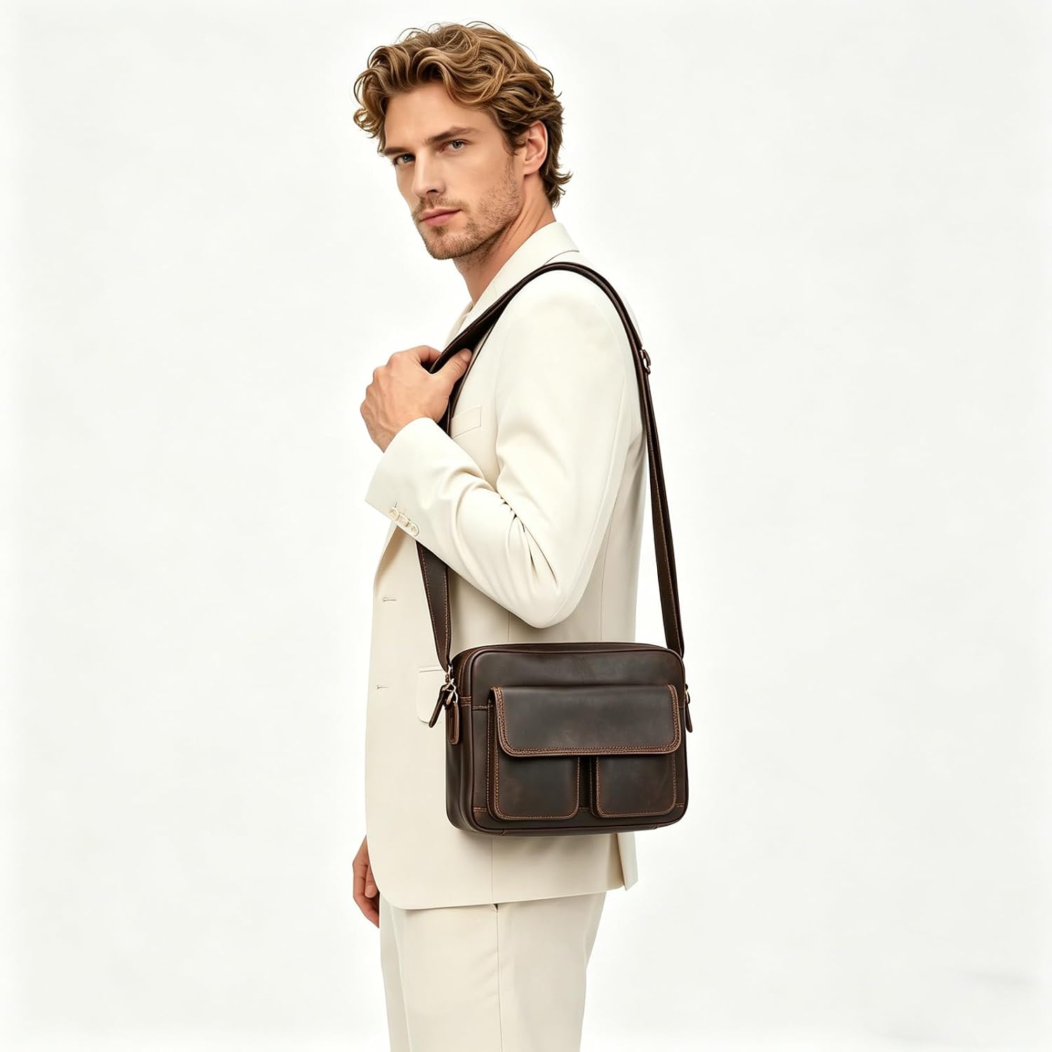 Full Grain Leather Messenger Bag for Men, Man Purse Crossbody Bags for Travel Work Business