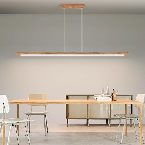 Miniatura 6 de Mikeru Lámpara colgante lineal de madera, lámpara colgante lineal con control remoto regulable 3000 K-6000 K, 47 pulgadas, color nogal LED para