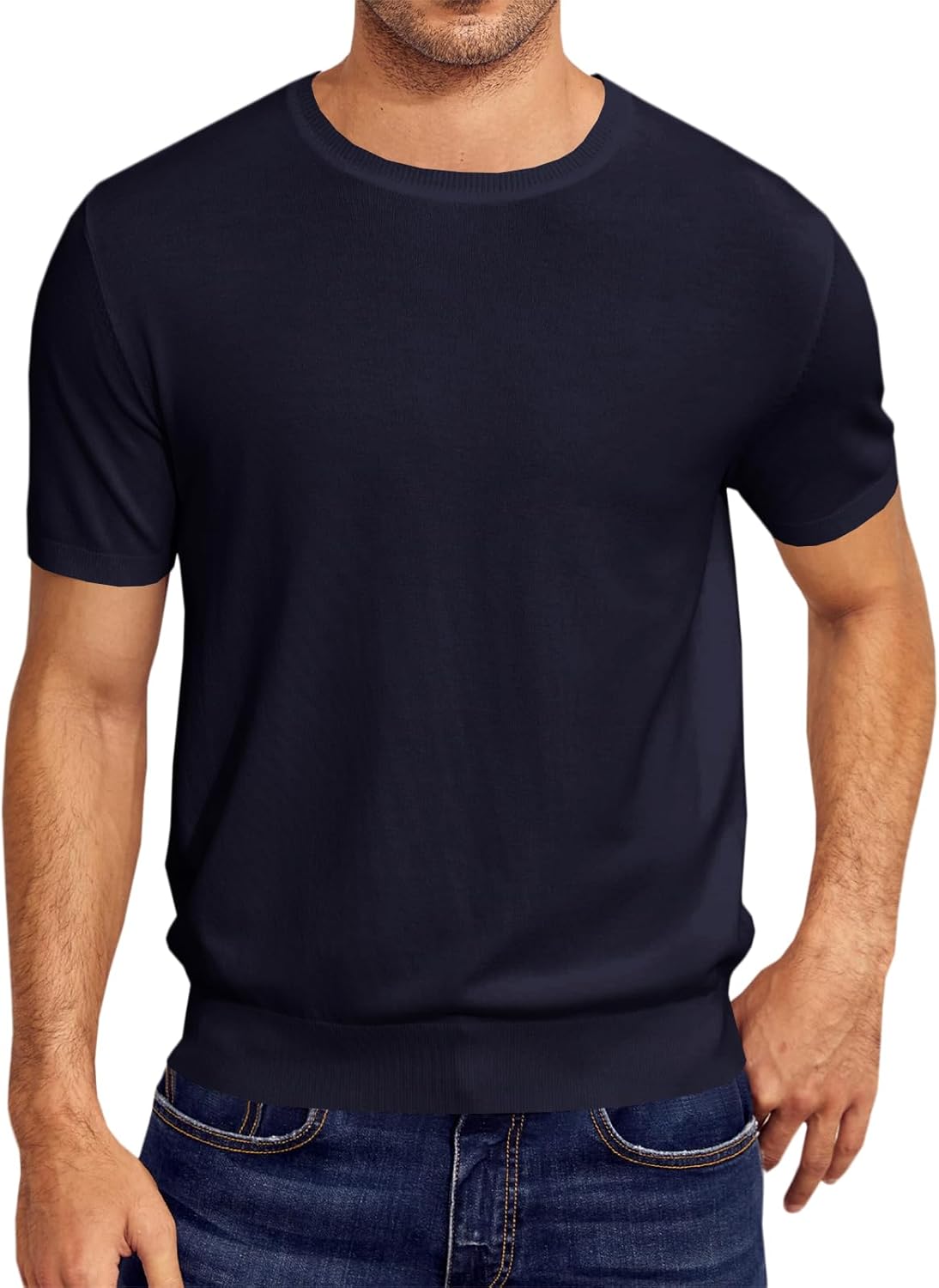 Coutgo Mens Short Sleeve Knit T-Shirts Crew Neck Slim Fit Stretch Pullover Sweater Casual Solid Basic Knitwear