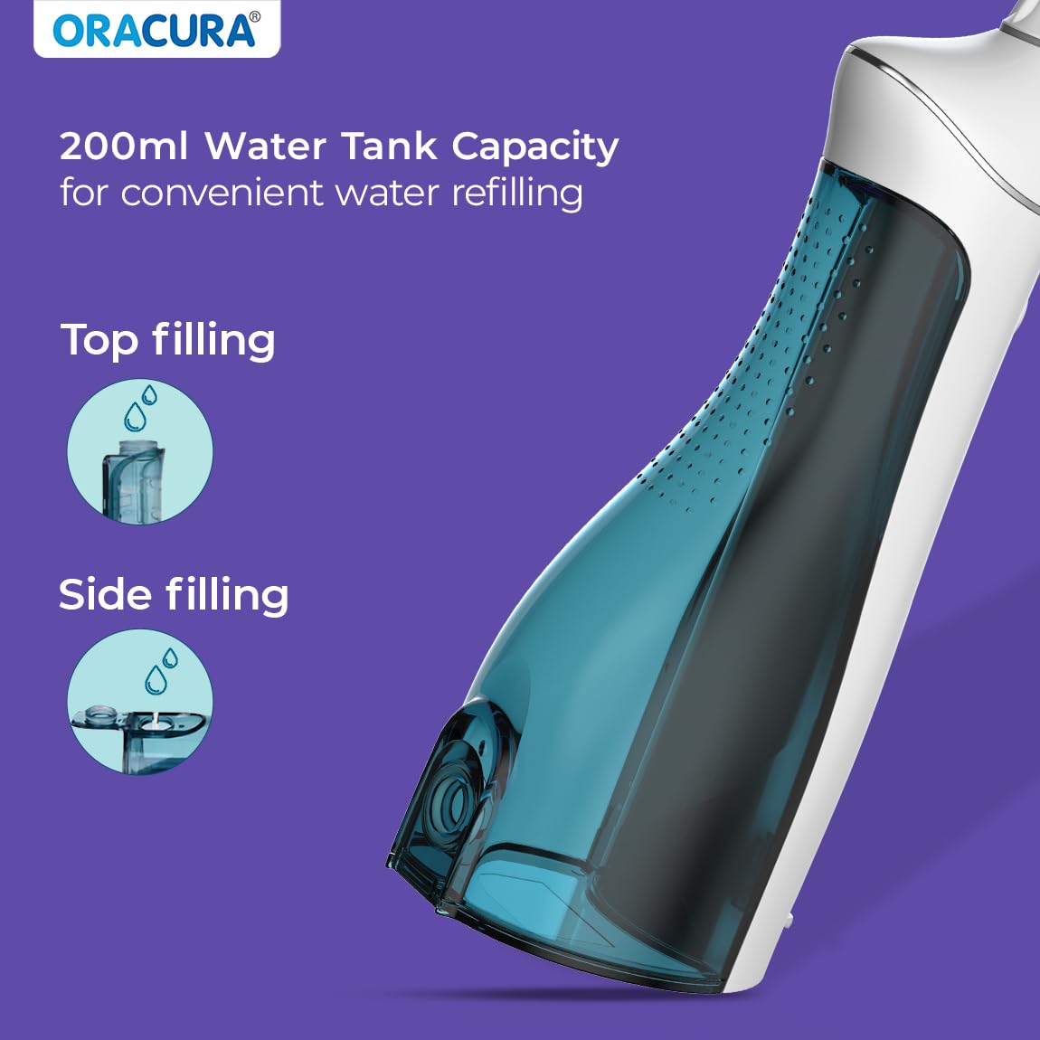 ORACURA® Smart PLUS Water Flosser® OC200 LITE White with 2 Nozzle tips | Portable & Rechargeable | Custom 8 Water Pressure Settings | 200ml Water Tank Capacity | IPX7 Waterproof | 365 Days Warranty 1