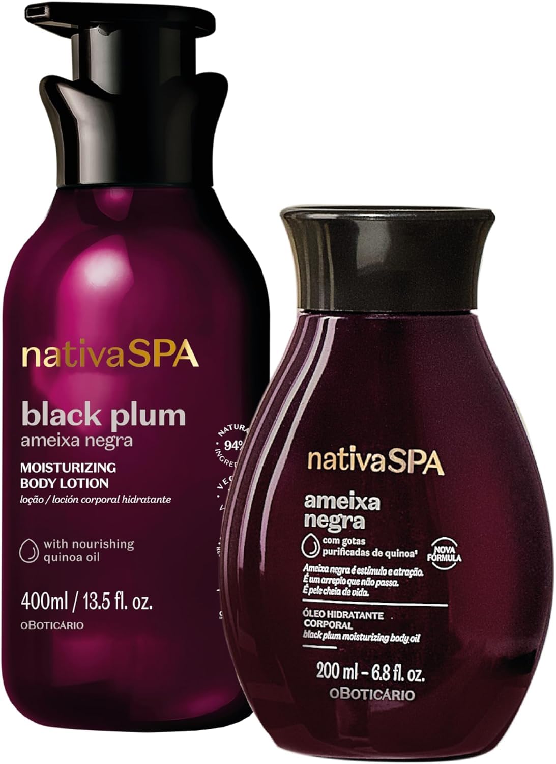 O Boticário | Nativa SPA Ciruela Negra | Cofre Aceite 200ml + Loción 400ml | Hidrante Corporal | Vegano | Con Gotas de Quinoa | Hidratación Profunda | Piel Suave y Sedosa | Vainilla de Madagascar