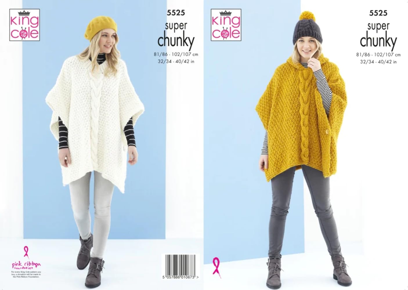 King Cole5525 Adult Super Chunky Poncho Hat Knitting Pattern