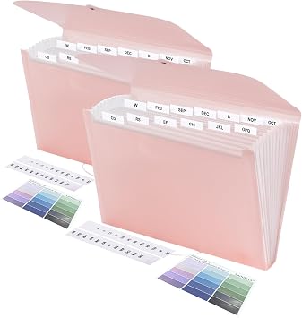 2 PCS Expanding File Folder A4,13 Pockets File Organiser with Colored Tags, Paperwork A4 Plastic Wallet Document Storage Expander for School,Office and Home, Pink