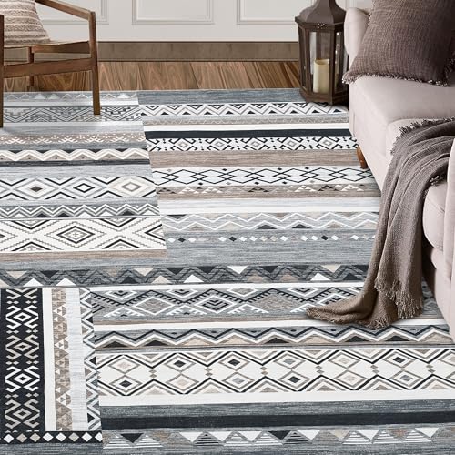 GarveeHome Vintage Geometric Patchwork Grey Rug for Living Room 6x9 Machine Washable Area Rug, Non-Slip Low-Pile Indoor Tribal Accent Carpet, Indoor Foldable Floor Cover for Bedroom Office