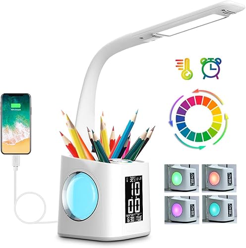 Miniatura 7 de wanjiaone Lámpara de escritorio LED con reloj luz nocturna que cambia de color lámpara de estudio con soporte para bolígrafo luz de escritorio con