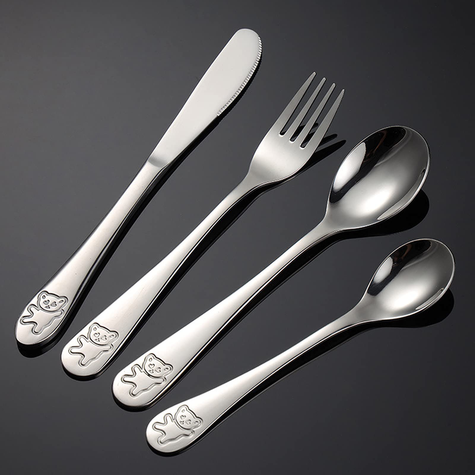 Besteck Besteck 4er Set für Kinder, mit süßem Bärengriff, Edelstahl Geschirr, Geschirr inkl. Messer Gabel Löffel für Kindergarten, Hotel, Restaurant, neues Haus