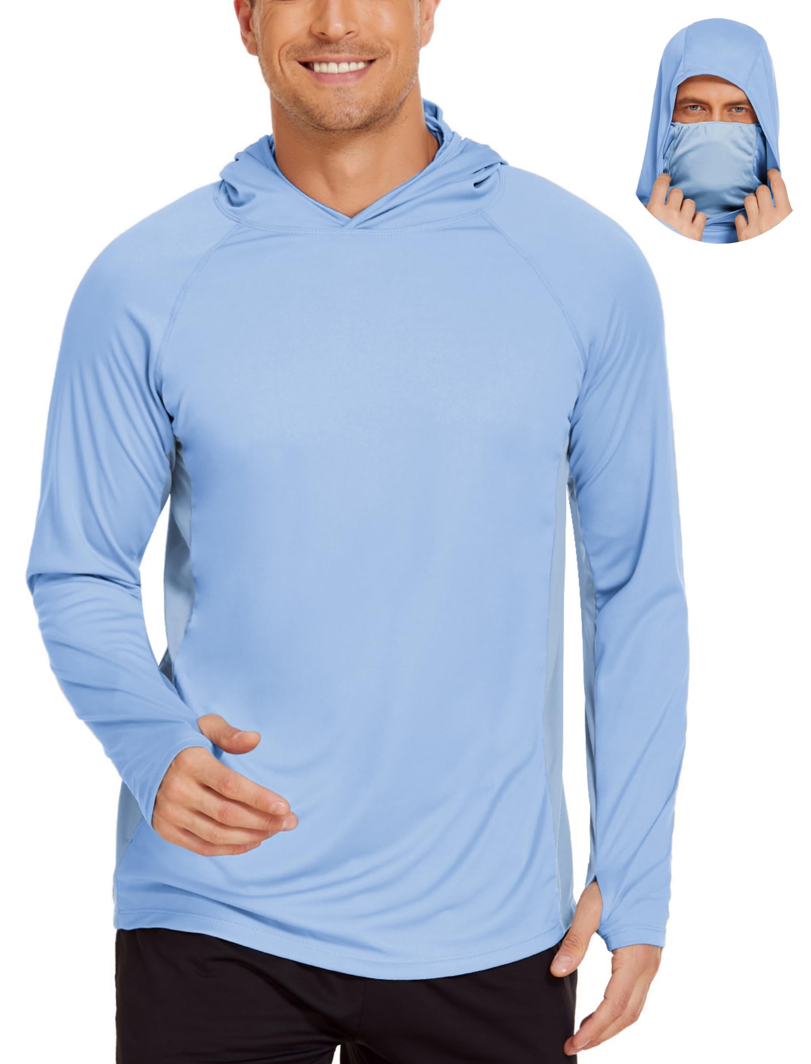 COOrun Men's Hooded Sun Shirts with Mask Fishing Shirts for Men Long Sleeve UPF 50 Rash Guards Cooling Hoodies Hiking Shirts
