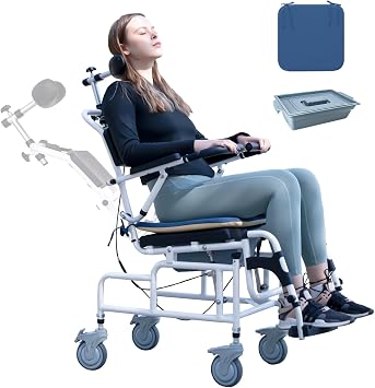 Shower Chair Reclining Wheelchair, Bedside Commode for Seniors, Medical Shower Chair Toilet Chair 300 lb Capacity, Adjustable Transport Wheelchair with Soft Seat Cushion Black