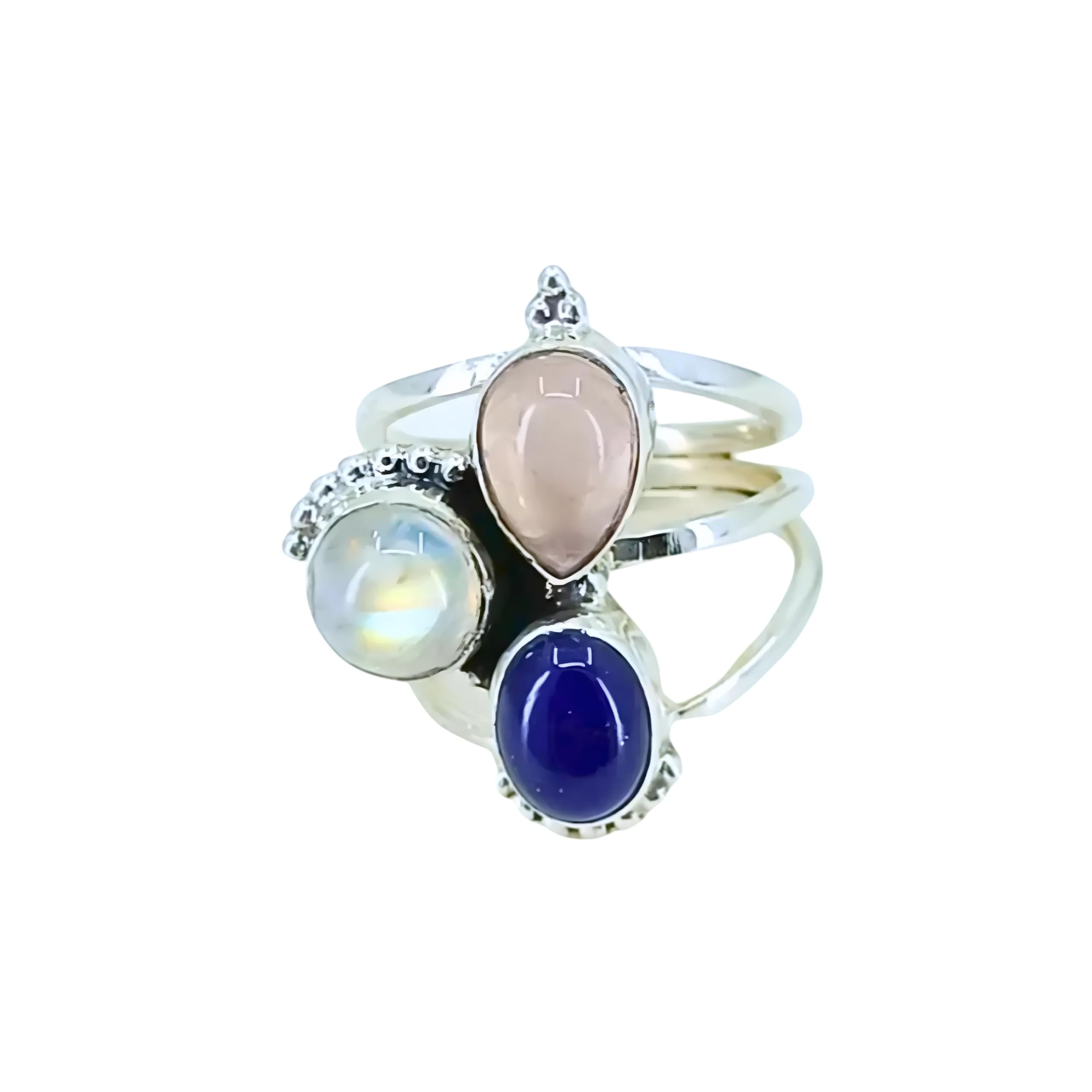 Dreifach-Edelstein aus 925er Sterlingsilber (Lapislazuli, Regenbogenmondstein, Rosenquarz) Statement-Damenring 14 bis 22 DE