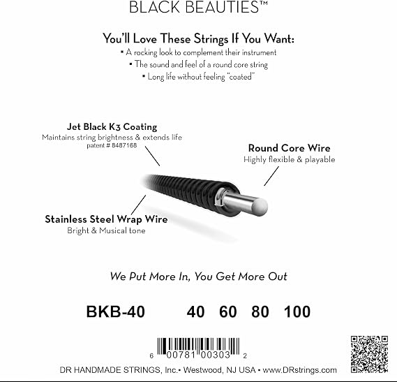 DR Strings BLACK BEAUTIESTM - Black Colored Bass Strings: Light 40-100