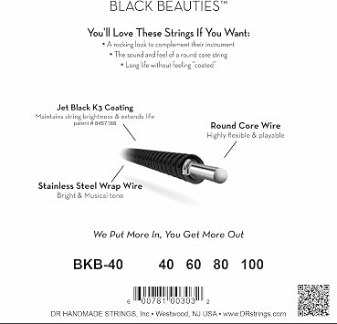 DR Strings BLACK BEAUTIESTM - Black Colored Bass Strings: Light 40-100