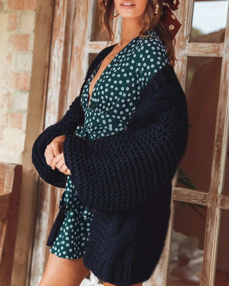 Remikstyt Womens Chunky Cardigan Cable Knit Oversized Open Front Cardigan Sweaters: Medium Navy