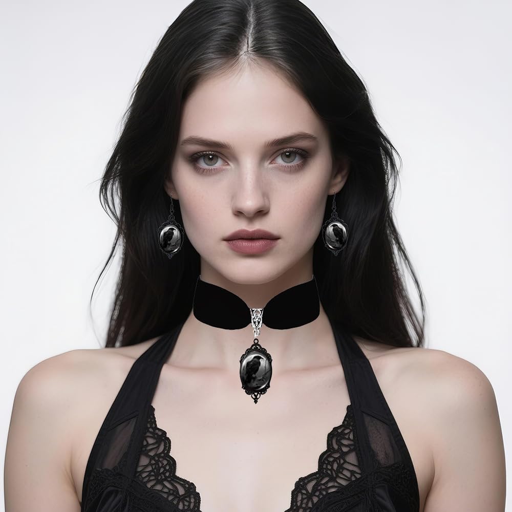 Halloween Jewelry Set for Women Gothic Cameo Necklace Earring Set Vintage Black Velvet Bat/Raven/Witch Glass Pendant Necklace Earrings Victorian Vampire Costume Accessories - Image 2