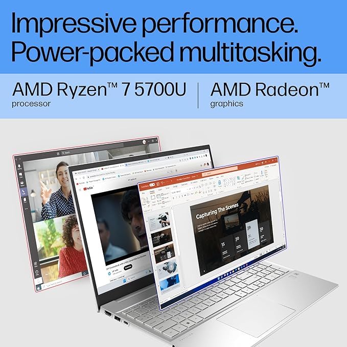 Image of HP Pavilion 15, AMD Ryzen 7 5700U, 15.6-inch (39.6 cm), FHD, 16GB DDR4, 1TB SSD, AMD Radeon Graphics, FPR, 720p HD Camera, Backlit KB, Audio by B&O (Win 11, MSO 2021, Silver, 1.75 kg), eh1147AU