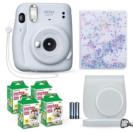 Fujifilm Instax Mini 11 Instant Camera Ice White + Fuji Film Value Pack (40 Sheets) + Shutter Accessories Bundle, Incl. Compatible Carrying Case, Quicksand Beads Photo Album 64 Pockets - Ice White