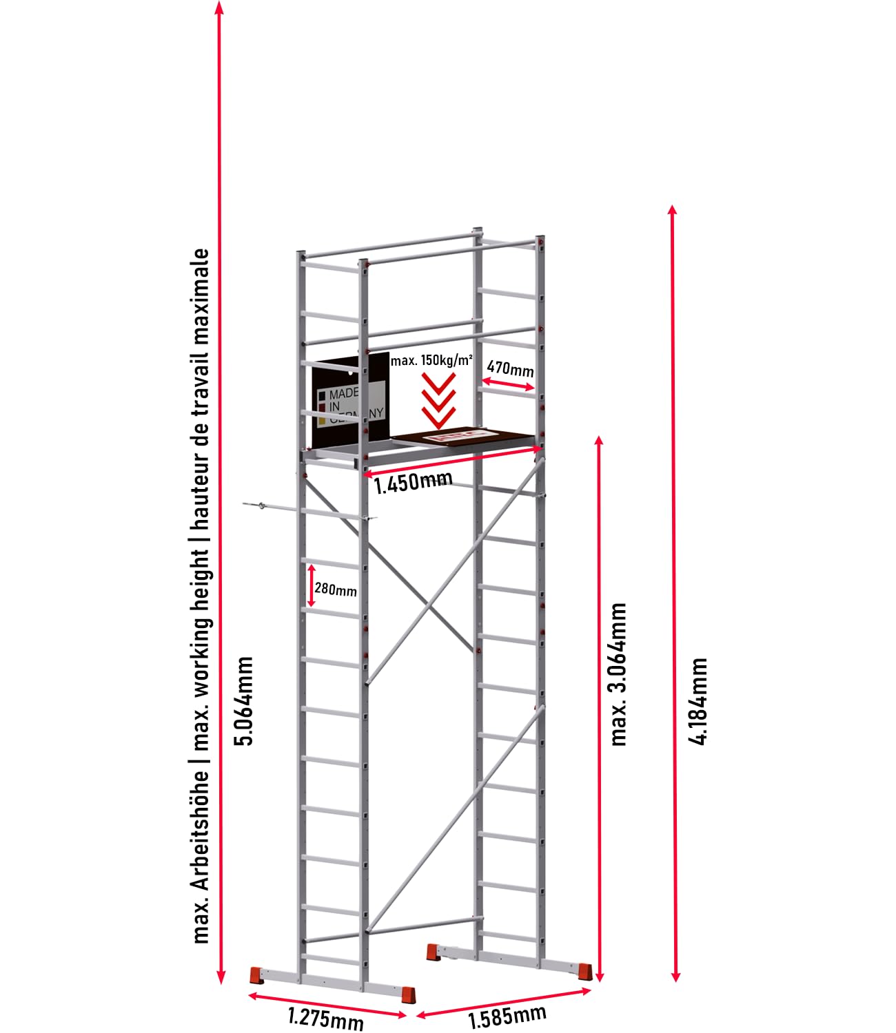 ALTEC AluCombine 3.0 - Échafaudage roulant en aluminium avec traverse, 4 roulettes pivotantes freinables et ancrage mural - Échafaudage de montage - Échelle simple (5 m)