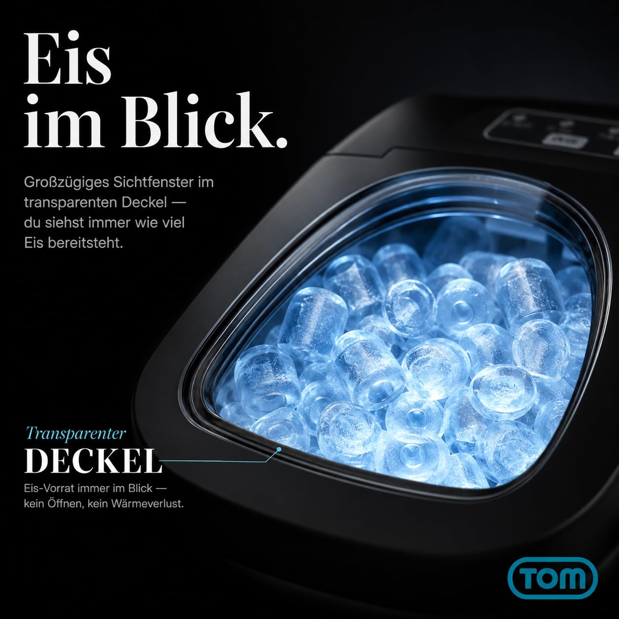 TOM Eiswürfelmaschine – 9 Eiswürfel in 6-8 min – 12 kg/24 h – 2 Würfelgrößen – Ice maker Eiswürfelmacher mit 1,3 l Wassertank – LED-Display – Inkl. Zubehör & Eiszange als Geschenk – Eiswürfelmaschine