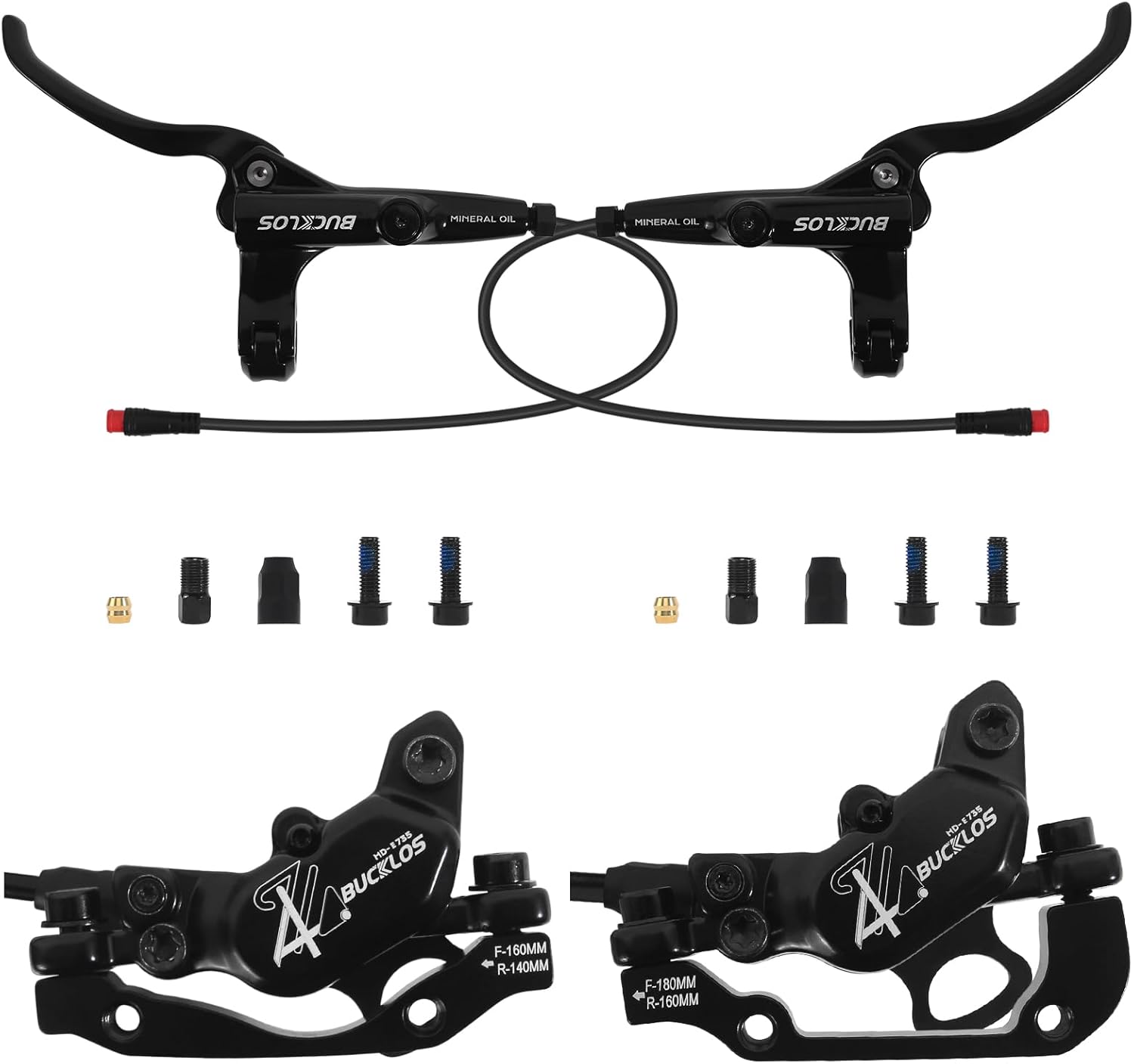 BUCKLOS EBike 2-PIN 4 Pistons Electric Power Off MTB Hydraulic Disc Brake Set,E-Bike Left Front 1150mm Right Rear 1950mm Aluminum Alloy Caliper Lever for ebike/Scooter/Mountain Bike HD-E735(Pre-Bled) Front+Rear