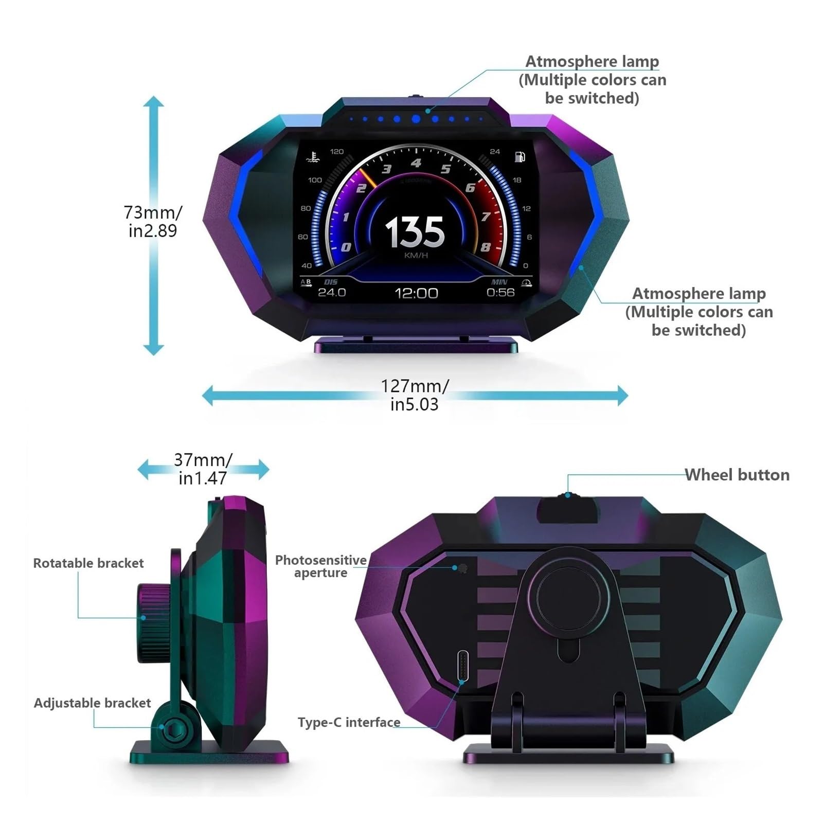 Wyświetlacz Head Up HUD + GPS P24 Samochód OBD Komputer Pokładowy Prędkościomierz Cyfrowy Temperatura Wody Zużycie Paliwa Miernik Nachylenia łAtwy W MontażU