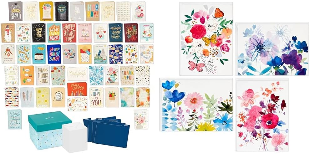 Hallmark Blank Cards Assortment with Card Organizer, Painted Flowers (48) & All Occasion Boxed Set, Modern Designs (100)