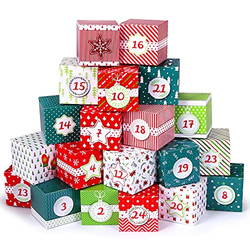 LEMESO Christmas Advent Calendar Boxes, 24 Days Kraft Paper Advent Countdown Gift Boxes for Kids and Family, Xmas Holiday Decoration