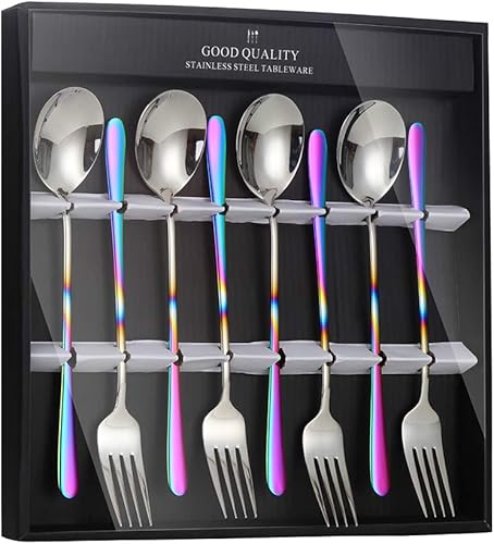 Vista 8 de Buyer Star Juego de cucharas y tenedores de acero inoxidable 18/10, cambio gradual, cuchara y tenedor de mango largo, color degradado, juego