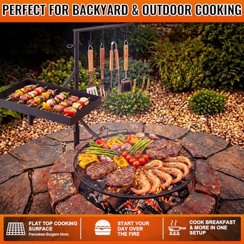 Ferrochef 22" and 16"x10.5" Fire Pit Campfire Grill Grate Foldable Round and Rectangular Grill Grate Open Fire Cooking Portable Camping Barbecue Rack Heavy-duty Easy Setup & Adjustable Height for BBQ by Ferrochef - Image 6