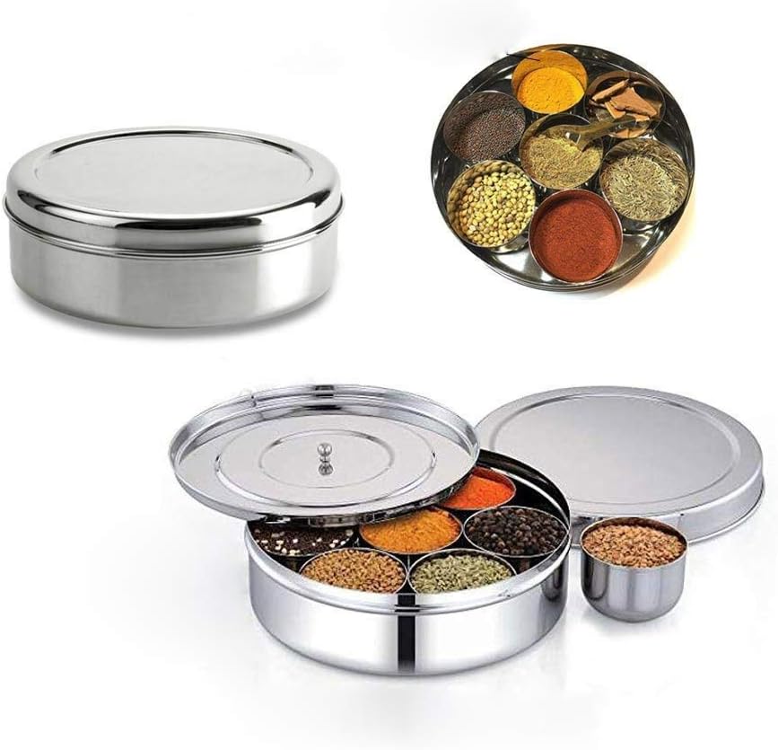Stainless Steel Masala Canister with Inner Cover Spice Organizer with 7 Container Wati and 1 Spoon,Valentine Day Gifts