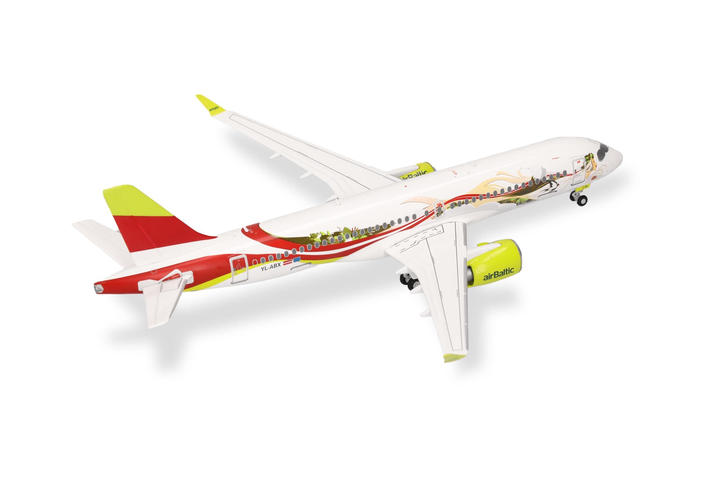 Herpa Modellflugzeug airBaltic Airbus A220-300 50th A220 - YL-ABX, Miniatur im Maßstab 1:200, Sammlerstück, Flugzeug Modell ohne Standfuß, Metall