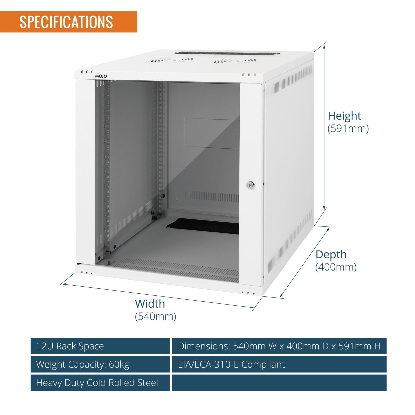 Tecmojo 19 Pouces 12U 400mm Armoire Serveur Murale, Armoire Réseau, Boîtier Rack Réseau Informatique 19", Porte Vitrée Verrouillable, Emballage à Plat, Blanc