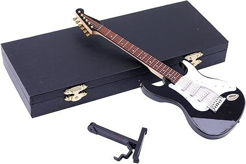 Vista 16 de Guitarra eléctrica en miniatura de madera con soporte y estuche, mini instrumento musical, réplica de guitarra eléctrica, figuras coleccionables