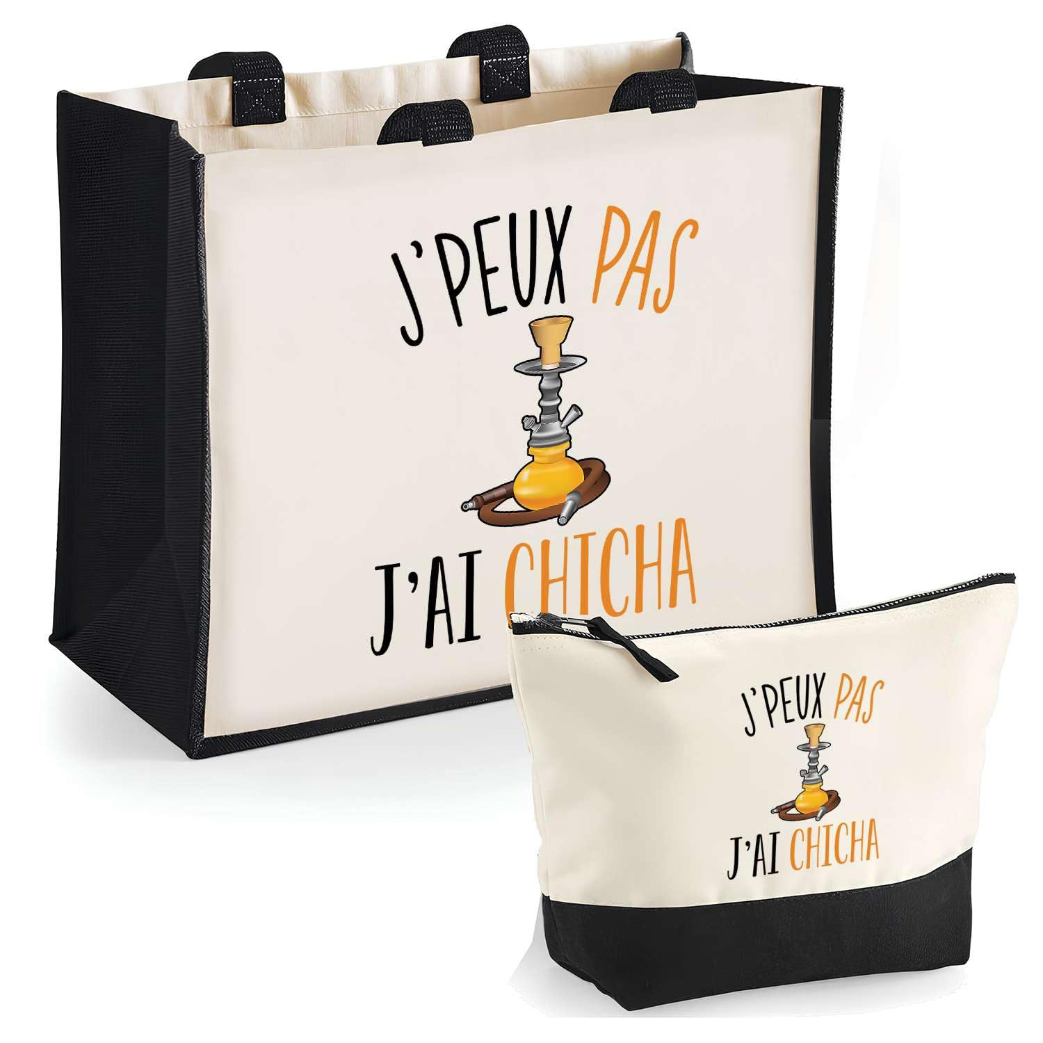 Duo Cabas Jute et Trousse Noire Chicha J'peux Pas | Cadeau Anniversaire Noël Sac de Courses Pochette Femme Homme Shopping