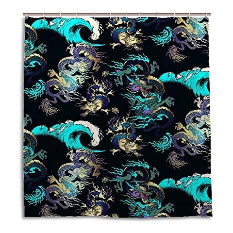 FIND SUN Asian Dragon Sea Wave Shower Curtains Waterproof Durable Fabric Bathroom Shower Curtain Set Standard Size with Hooks 66X72inch Cover