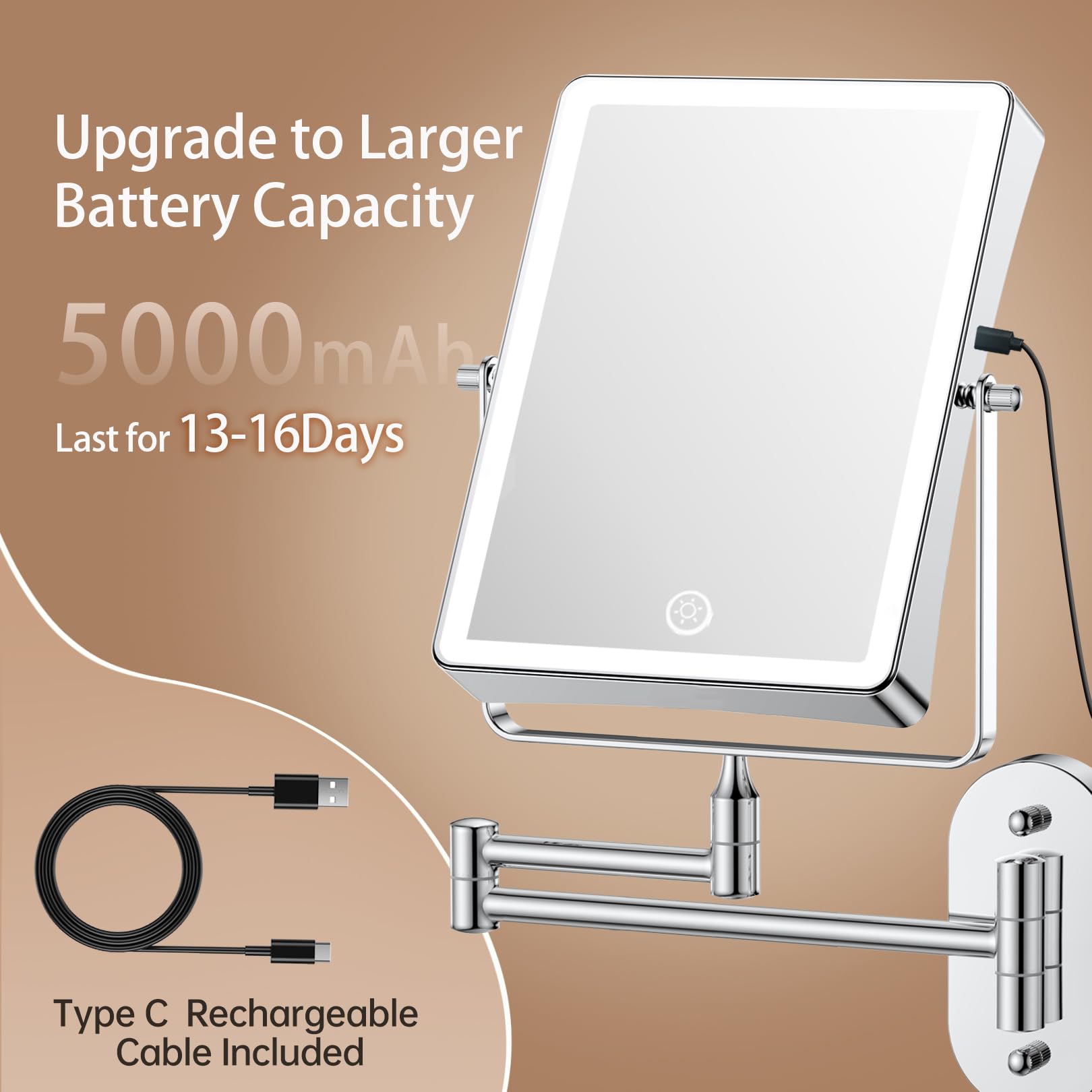 Famihomii 5000mAh Espejo de Maquillaje Recargable con iluminación LED, Espejo de Maquillaje con Aumento de 1/30x e Interruptor táctil, Espejo de Afeitar Regulable, Giratorio 360° (Cromo)
