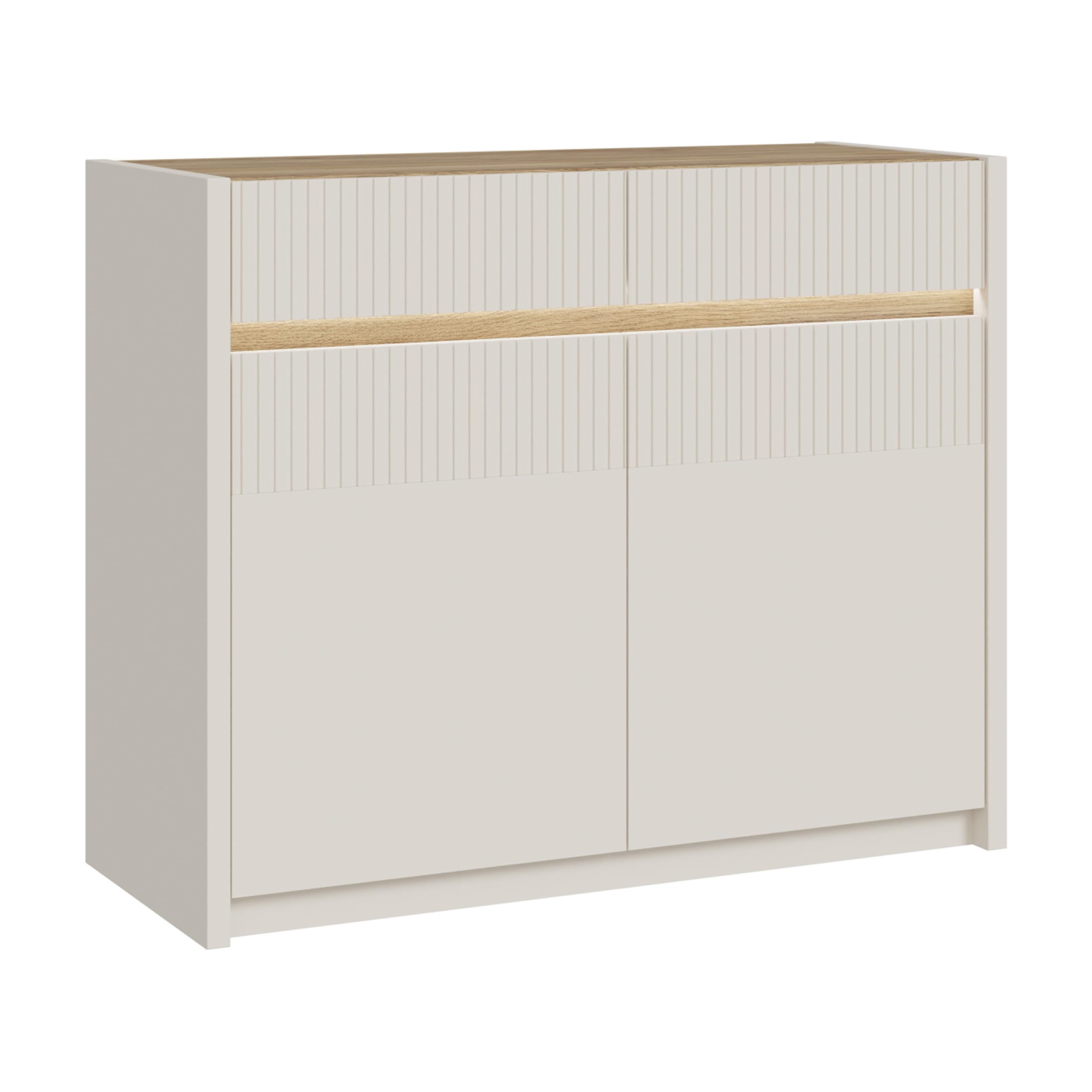 Forte Oak SQUERE Sideboard 100 105, Elegantes Sideboard mit 2 Türen, Beleuchtung und Lamellendesign, Holzwerkstoff, Mauvella Eiche Holzdekor/Sand, 105,3 cm breit x 85,9 cm hoch x 41,5 cm tief